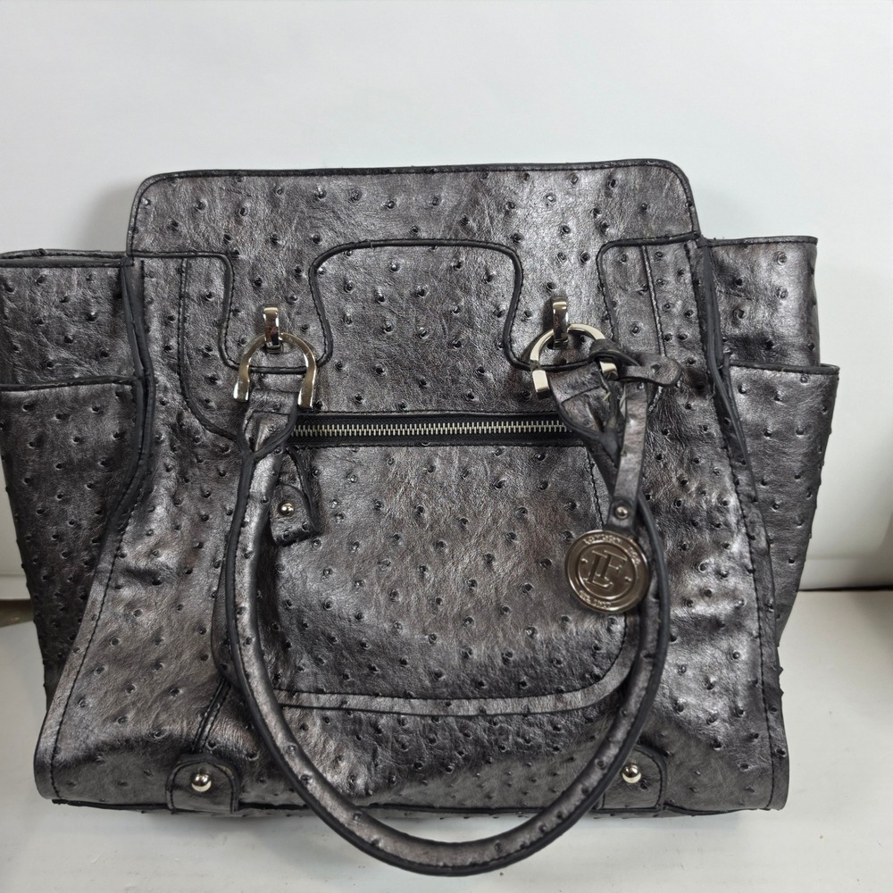 London Fog Metallic Pewter Faux Ostrich Leather Tote Bag Handbag Textured Silver